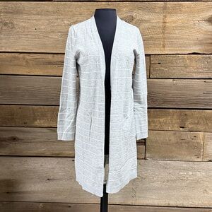 Talbots Long Open Front Cardigan, Gray and White stripe knit, Size M